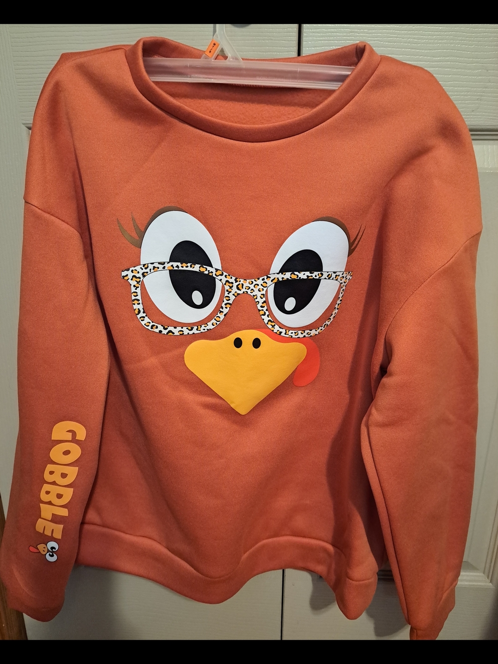 SHEIN Orange Turkey Face Graphic Pullover Sweater with 'Gobble' Sleeve